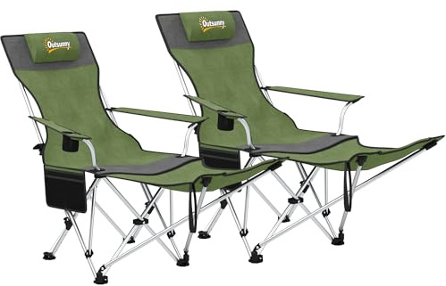 Outsunny Reclining Folding Camping Chair Set of 2 Olive Green and Grey