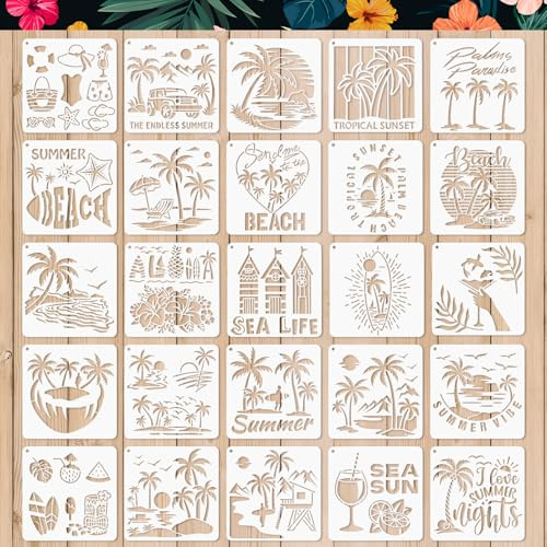 25 Stück Malerei Schablonen, Sommer Palmen Schablone, Kinder Sommer Basteln Zeichenschablonen Kunststoff Wiederverwendbar, Schablonen Set für DIY Handwerk Malen auf Holz, Stein, Papier, Stoff, Wand