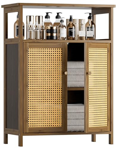 HITNET Mueble Baño de Ratán, Armario Auxiliar Baño de Bambú, Gabinete de Almacenamiento Independiente de 2 Puertas con Estanterías Abiertas, para Sala de Estar, Cocina, Entrada, Nogal