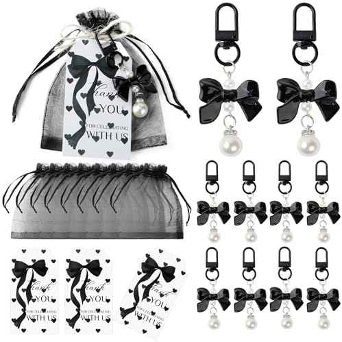 20Set Shes Tying the Knot Bridal Shower Black - Shes Tying the Knot Party Favors, Coquette Black Bow Party Favors Include 20 Zinc Alloy Coquette Keychains, 20 Bow Goodie Bags and 22 Thank You Card