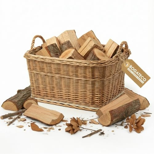 BOGATECO Kaminholzkorb Weide Rechteckig 53x43 cm, Stabiler Brennholzkorb mit Sperrholzboden und Jute-Einlage, Handgeflochtener Holzkorb aus Weide, Naturprodukt für Kaminholz & Aufbewahrung