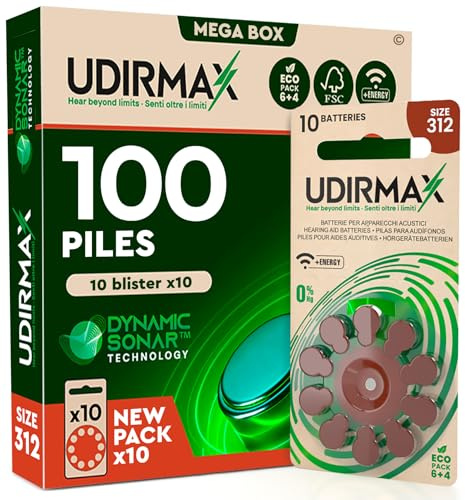 100 Batterie per Apparecchi Acustici Misura 312 Udirmax Zinco-Aria 1,45V