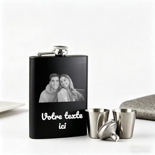 Petaca Grabada Personalizada, Petaca Negra a Medida con Foto y Texto Regalo para el Padrino de Boda, Propuesta para los Padrinos o Regalo para el Día del Padre. (Frasco fotográfico)