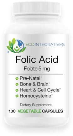 EcoIntegratives Folic Acid Folate 5mg (B9) Prenatal, Reproductive Health, Homocysteine, Metabolism, Cardiovascular, Bone, Immune Support, Allergen Free, Non GMO - 100 Vegan Capsules