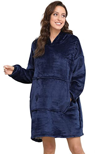 Sendowtek Sweat-Shirt à Capuche Grand, Poncho Polaire Femme Homme Couverture à Capuche Portable Super Douce et Chaude Pull à Hoodie Confortable pour Adultes Ados Intérieur Extérieur Bleu