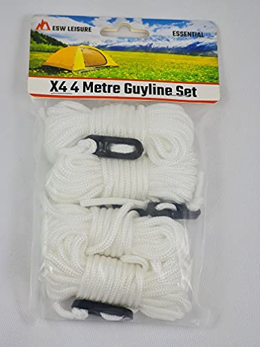 ESW LEISURE Guyline Ropes 4 Pack Tents Awning Camping Strong Lightweight Paracord Guy Rope With Tensioner Guy Lines Fishing Umbrella Shelter Bivvy Caravan Gazebo Tarp (White, 4 Metre XL 4 Pack)