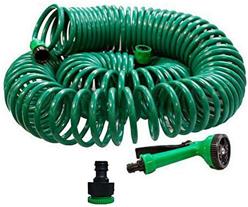 30M Coil Hose Pipe Hosepipe Water Garden Watering & Nozzle Set Gardening Set Tough Kink Resistant Hardened Lightweight Retractable Coil Hose Pipe Reel Water Spray Gun Nozzle Garden Patio UK RS Shop