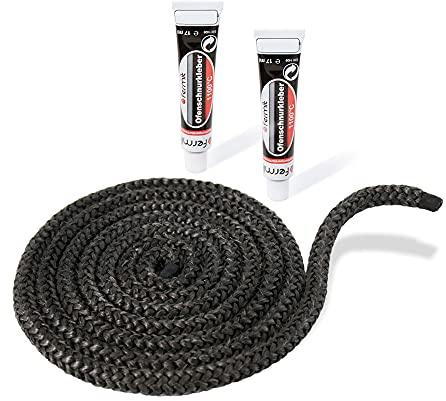 Lanzzas kamin- och spistätningsrep – Ø 10 mm, längd: 2 m – glasband för kamindörrar – värmebeständiga upp till 550 °C – med brandsäkert monteringslim