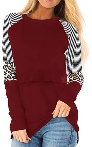 Smallshow Femmes Maternité Allaitement Vetement Manches Longues Tee Shirt Grossesse,Wine,XXL