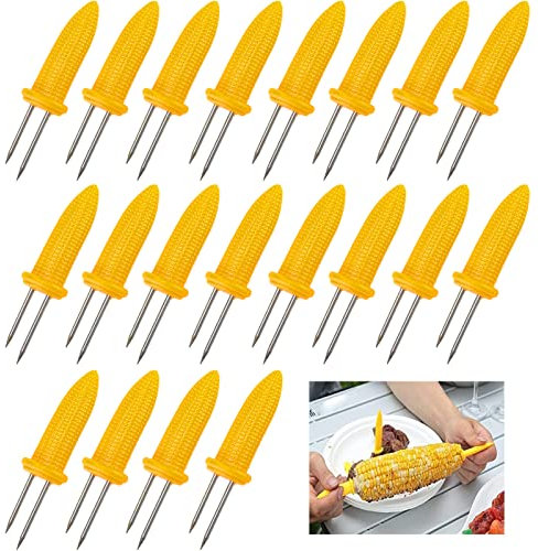 TCOLS 20 Stück Mais Halter, Edelstahl Maiskolbenhalter Maiskolbenspieße Edelstahl Mais Halter Maiskolbenhalter-Set für BBQ Twin Prong Zuckermais Halter Hausmannskost Gabel Gartenparty (Gelb)