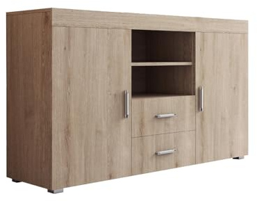MB Muebles Bonitos | Modernes Sideboard Wohnzimmer oder Esszimmer | Breite 140 x Höhe 80 x Tiefe 40 cm | Mattes Sonoma Finish | 2 Türen | 2 Schubladen | TV-Möbel | Modell Roque