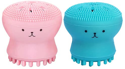 Brosse de nettoyage du visage en silicone, petite brosse de nettoyage du en forme de pieuvre, éponge de nettoyage en silicone, outil de nettoyage de la peau du visage (pink + green)