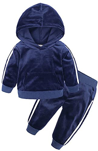 Coralup Girls Boys Clothes Sets 2PCS Velvet Long Sleeve Sports Hooded Sweater + Pants Navy 4-5 Years