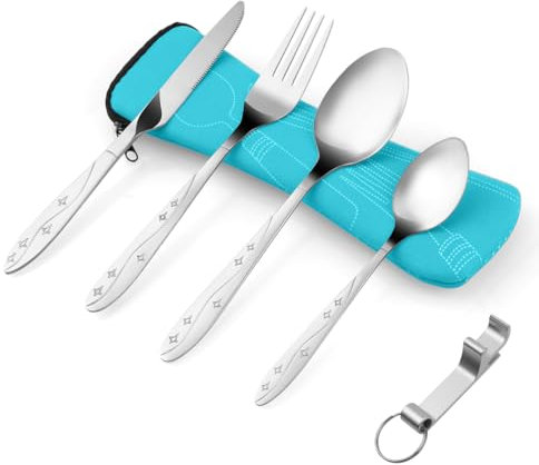 Vicloon Set di Posate con Custodia Portatile, 5 Pezzi in Acciaio Inossidabile con Apribottiglie, da Viaggio Coltello Forchetta Cucchiaio per Campeggio (Cielo Blu）