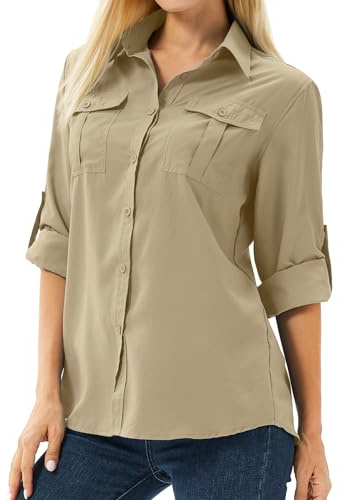 Asfixiado Camisa de mujer UPF 50+ con protección UV, camiseta de manga larga para mujer, blusa de senderismo, ropa de safari, transpirable, para exteriores, fresca, de secado rápido, camiseta
