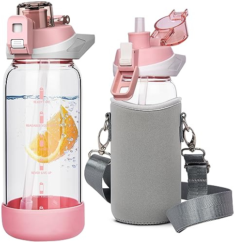 Seekua 20 oz Sports Glass Water Bottle with Straw & Time Marker, Motivational Kids Daily Glass Drinking Bottle with Strap for Children, School