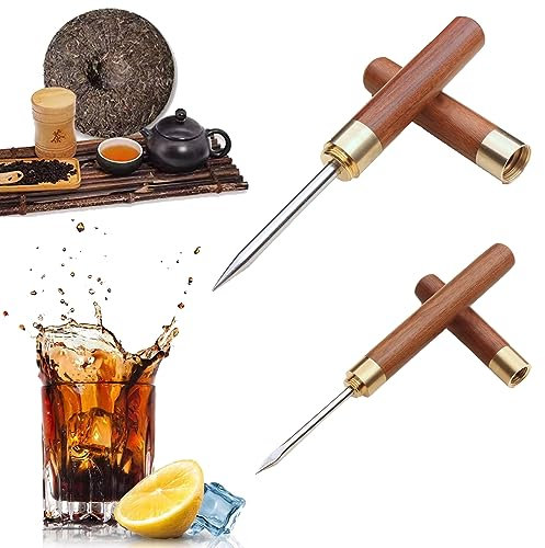 WUDQIJI Lot de 2 pics à glace en acier inoxydable - Manche en bois - Couteau à thé Puer Puerh - En acier inoxydable - Pour cuisine, bar, barman, pique-nique