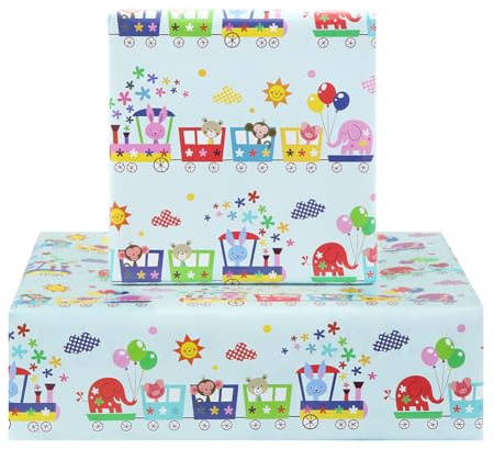 Papier cadeau d'anniversaire pour enfants, filles, garçons, motif train animé, pour anniversaire ou fête prénatale, 4 feuilles pliées à plat, 50 x 70 cm par feuille