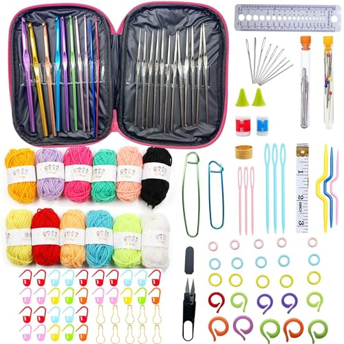 Allazone Kit per principianti e adulti, set da 122 pezzi, uncinetto professionale per lavorare a maglia, kit per maglieria con aghi