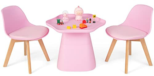 COSTWAY Kindertisch mit 2 Stühlen, 3 TLG. Kindersitzgruppe aus Buchenholz, Kindersitzgarnitur mit konkaver Tischplatte & gepolsterter Sitz, Kindermöbel für Kinder von 3-8 Jahren