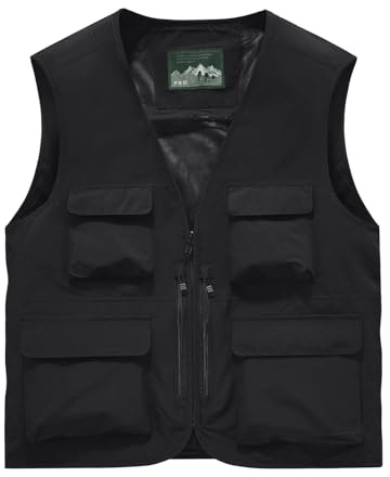 Sukany Gilet da pesca da uomo Safari Utility Work Travel Cargo Gilet Strumento Militare Tattico Tiro Gilet Abbigliamento Outdoor Giacca Multi Pocket Costume da pescatore, Nero , M