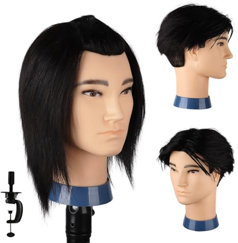 DaizySight Testa per Parrucchieri Uomo Capelli Veri 100%, Testina Parrucchiere Manichino, Testa Formazione Acconciaturel Cosmetologia Studio Pratica Modello Taglio di Capelli Maschile (Nero, 35cm)