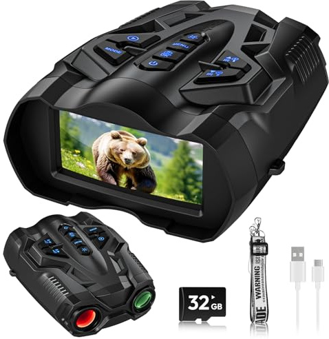WISHBETY mörkerseendeglasögon, 4K mörkerseende kikare med 3,5 tum HD-skärm, 9 nivåer IR-läge och 10 x digital zoom för jakt och övervakning, 32 GB TF-kort för foto och video, svart