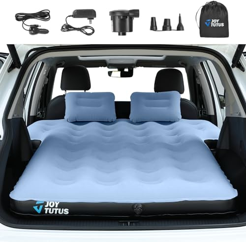 JOYTUTUS Colchón SUV para campamento en coche, flocado mejorado y superficie Oxford extragruesa, accesorios de tienda de campaña con bomba de aire 2 en 1, 2 almohadas y bolsa de transporte (azul)