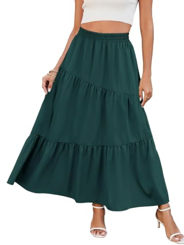 Timuspo kjol dam lång med fickor maxi kjol hög elastisk midja sommar A-linje enfärgad flytande sommarkjol ledig elegant blommor veckad kjol strandkjol veckad kjol, Grön, XL