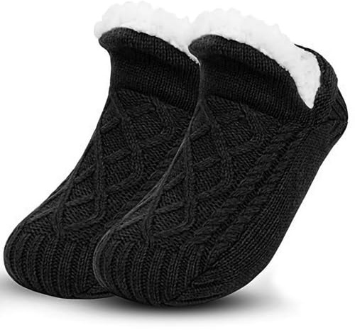 Backche Unisex Fluffy Fuzzy Warm Slipper Socks for Men Women, Thick Fleece Lined Non-Slip Socks Indoor Floor Black
