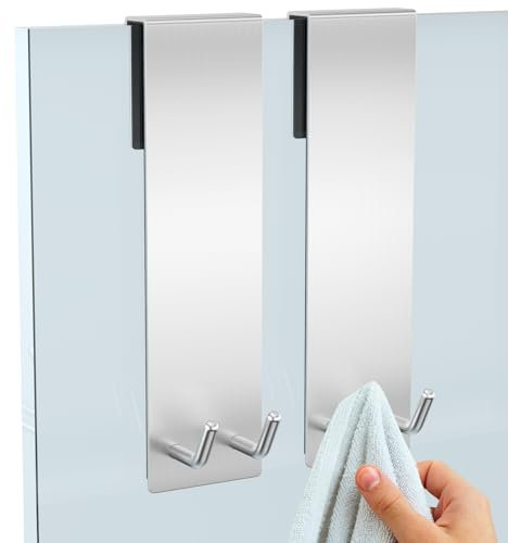 Newpop 2 Pièces Crochet Porte, Patere Salle de Bain, Accroche Serviette, Crochets de Porte de Douche Crochet à Serviettes Sans Perçage, Acier Inoxydable Brossé, Adapter 6-12 mm d'épaisseur Verre