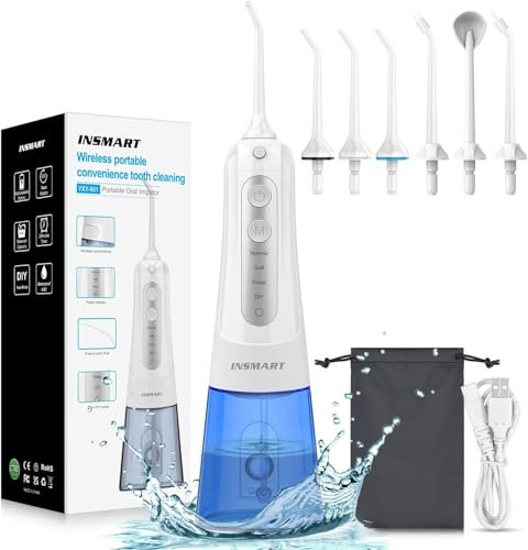 INSMART Water Flosser for Teeth: Portable Travel Flossers Set for Teeth Cleaning with 5 Modes, Cordless Dental Electric Flosser for Oral Care, Rechargeable Floss DIY Mode IPX7 Waterproof