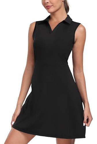 MoFiz Mujer Vestido de Tenis sin Mangas con Pantalones Cortos Verano Vestido de Polo Cuello en V Deportivo Golf Dress con Bolsillos