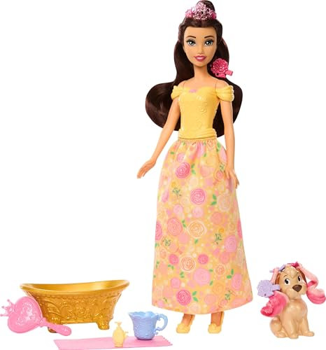 Mattel Disney Princess Belle Modepuppe mit Hündchen, Farbwechseleffekt, Badewanne, Bürste und Haarzubehör, inspiriert von Die Schöne und das Biest, JFC42