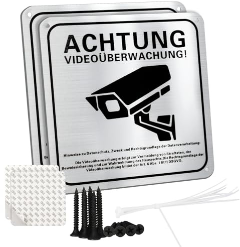 2 Stück Achtung Videoüberwachung Schild Privatgrundstück mit DSGVO Hinweis,15x15cm,Schilder Aufkleber Videoüberwachung,Reflektierendes Alu,Selbstklebend und 4 Bohrlöcher,für Außen