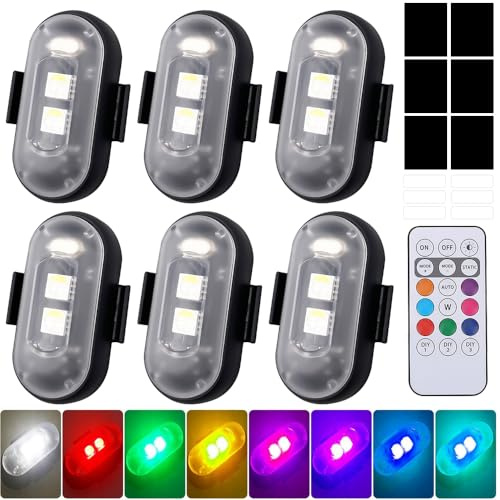 AVCXEC 6 stycken trådlösa LED-lampor, 8 färger strobe drönarlampa, vattentät bil fjärrkontroll blixt med fjärrkontroll, USB-laddning antikollisionslampor, LED-flygplan strobe lampor