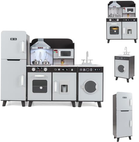 HOMASIS Cucina Giocattolo per Bambini, Gioco di Imitazione con Luci e Suoni, Lavatrice, Macchina per Ghiaccio, Fornello, Lavello, Microonde, Set da Cucina per Bambini dai 3 anni in su (Marrone)