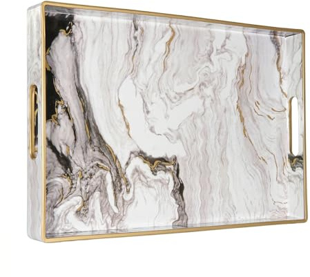 Heaven4you White Marble Serving Tray 40x26cm Gold Trim Handles Ottoman