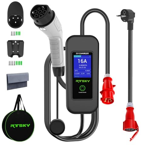 RTSKY Mobile Wallbox/Ladestation 11kW [3-phasig｜5m Ladekabel] mit Einstellbarer Ladeleistung, Ladekabel CEE 16A und EV Ladegerät für Model Y/3, ID.3/4/5, MG4, EX30, e-tron, Zoe und andere EV