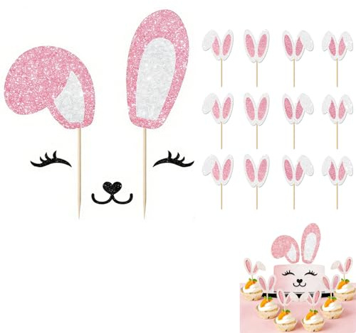 Decoración de Conejos de Pascua para Pasteles, Brillante Cake Topper Conejito,1 Conjunto Orejas de Conejo Purpurina, Mit Pestañas, Nariz, Boca,12 Piezas Orejas de Conejos de Decoracion para Cupcakes