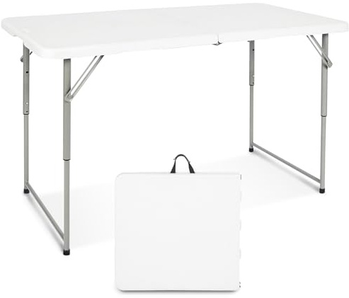 Byliable 4FT (122cm) Folding Table Adjustable Height Heavy Duty White | Portable Trestle Table with Carry Handle Indoor Outdoor Picnic BBQ Camping Garden Wedding Party