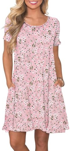 AUSELILY Sommarklänningar för kvinnor vardaglig t-shirt kortärmad klänning lös gunga kort klänning med fickor | Rund hals, ovanför knäet, A-linjeklänning