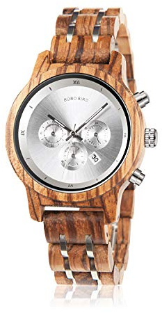 BOBO BIRD Women Wooden Watches Luxury Wood Metal Strap Chronograph & Date Display Quartz Watch Fashion Zebra Wood Casual Business Ebony Wristwatches (Zebra-White)
