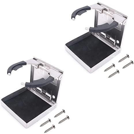 NUZAMAS Set of 2 304 Stainless Steel Cup Holders, Adjustable, Folding Drink Cup Bottle Coffee Holder with Tray, for Marine Boat Truck RV Caravan Camper trailer