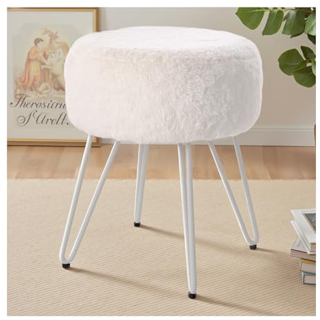 INMOZATA Upholstered Footstool Round Fluffy Small Footstools Faux Fur Foot Stool Ottoman Pouffe with Metal Legs for Bedroom Living Room White