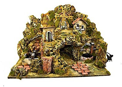 Generico Presepe Completo con 20 Luci, Mulino a Vento e Mulino d'Acqua Inclusa Fontana Roccia con Motore Ambientazione 2 Livelli Casette, Stalla, Grotta 66x45 x h. 41 cm Vuoto