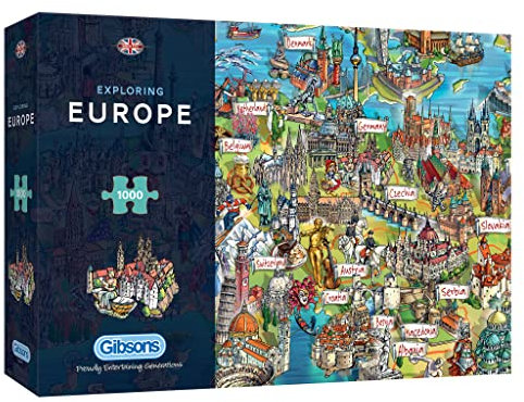 Exploring Europe | 1000 Piece Jigsaw Puzzle | Map Jigsaw Puzzle | Sustainable Puzzle for Adults | Premium 100% Recycled Board | Great Gift for Adults | Gibsons Games
