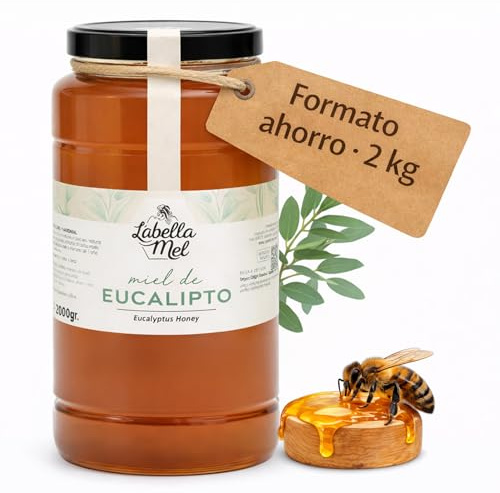 L'Abella Mel | Miel de Eucalipto 100% Natural y Pura | Miel Pura de Abeja Española Sin Pasteurizar Ni Aditivos | Recolección Manual Directa del Apicultor | Apicultura Familiar | 2 kg