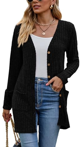 Famulily Solid Color Black Long Cardigan for Women UK, Ribbed Knit Lightweight Outerwear Sweater with Pockets (M, Black)