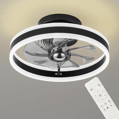 RIYNFO LED Ceiling Fans with Lights Remote,Reversible Bladeless Modern Ceiling Fan Lights Flush Mount 16 inch 6 Speeds 3 Color Dimmable Black Ceiling Fan Light for Bedroom